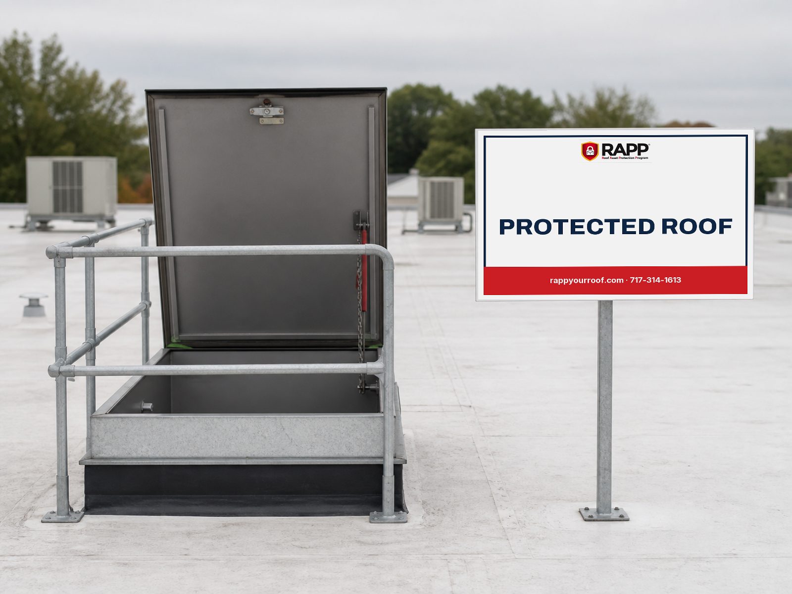 RAPP placard at a commercial roof access hatch